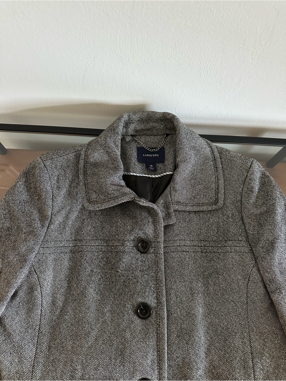 Lands End Grey Black Marl Wool Military Pea Coat Button Winter Size 10 - Picture 2 of 9
